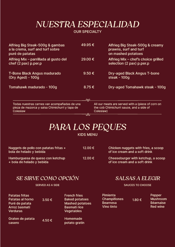 ALFRIEG STEAKHOUSE MENU